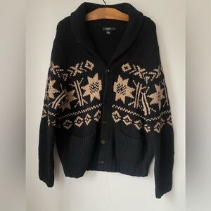 J. Crew Sweater Men’s Large 100% Wool Hand Knit Fair Isle Black Cream Cardigan